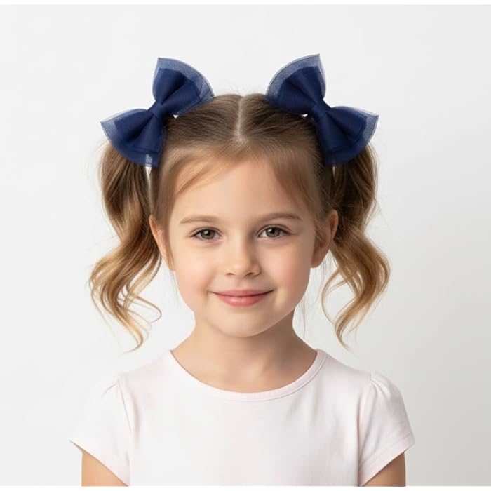 Pack of 2 Bow Hair Band Blue Fabric Metal Clip Hair Accessory for Girls - Image 1